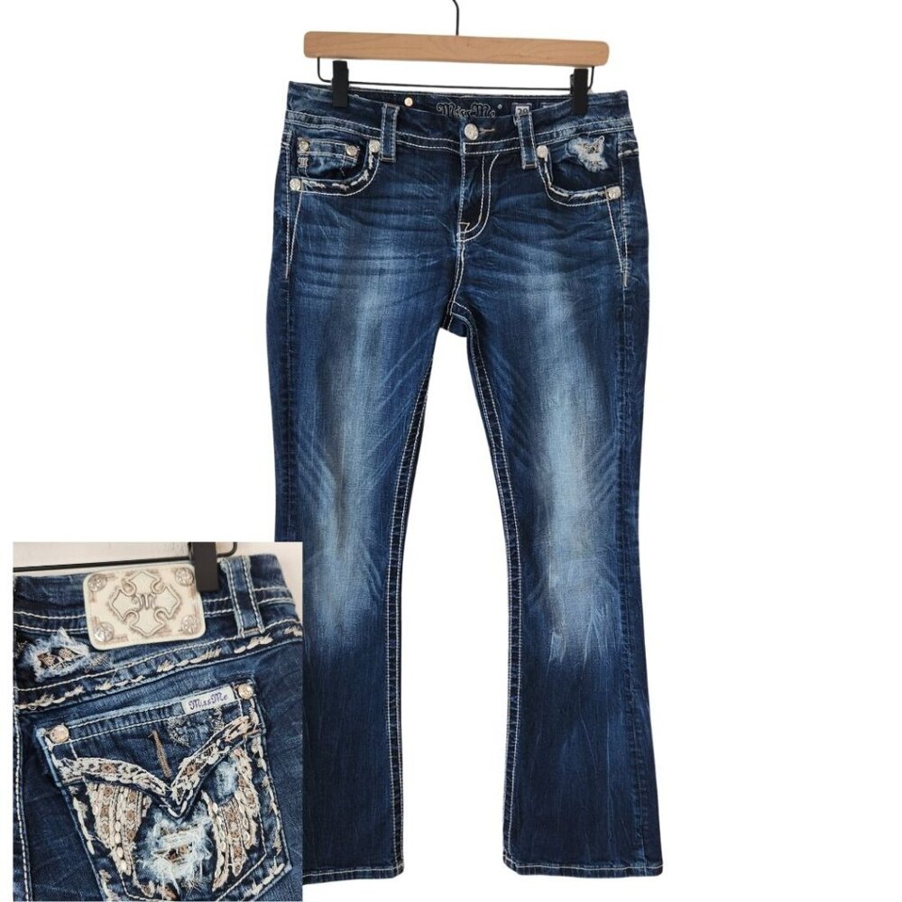 Miss Me Bedazzled Blue Jeans Y2K Low Rise Bootcut Contrast Stitching Women's 28